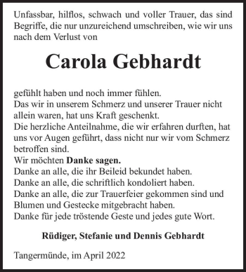 Traueranzeige von Carola Gebhardt  von Magdeburger Volksstimme