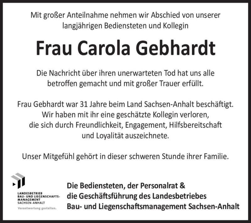  Traueranzeige für Carola Gebhardt  vom 19.04.2022 aus Magdeburger Volksstimme