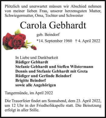 Traueranzeige von Carola Gebhardt (geb. Beindorf)  von Magdeburger Volksstimme