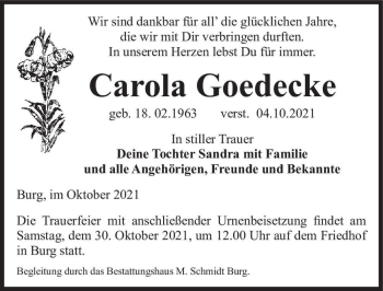 Traueranzeige von Carola Goedecke  von Magdeburger Volksstimme