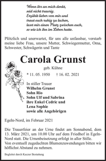 Traueranzeige von Carola Grunst (geb. Kühne)  von Magdeburger Volksstimme