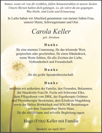 Traueranzeige von Carola Keller (geb. Abraham)  von Magdeburger Volksstimme