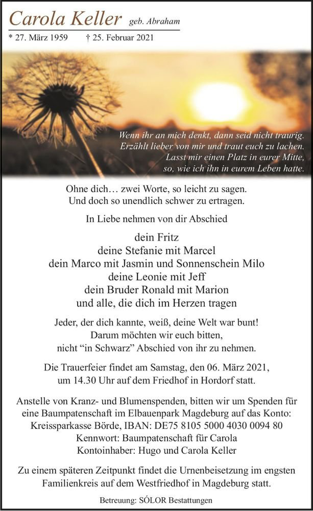  Traueranzeige für Carola Keller (geb. Abraham)  vom 03.03.2021 aus Magdeburger Volksstimme