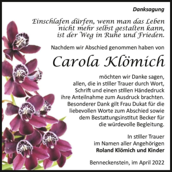 Traueranzeige von Carola Klömich  von Magdeburger Volksstimme