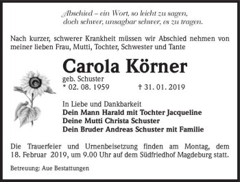 Traueranzeige von Carola Körner (geb. Schuster)  von Magdeburger Volksstimme