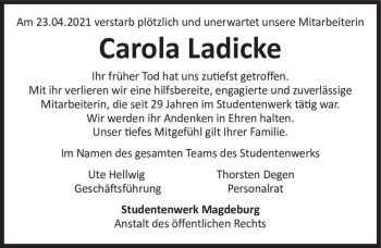 Traueranzeige von Carola Ladicke  von Magdeburger Volksstimme