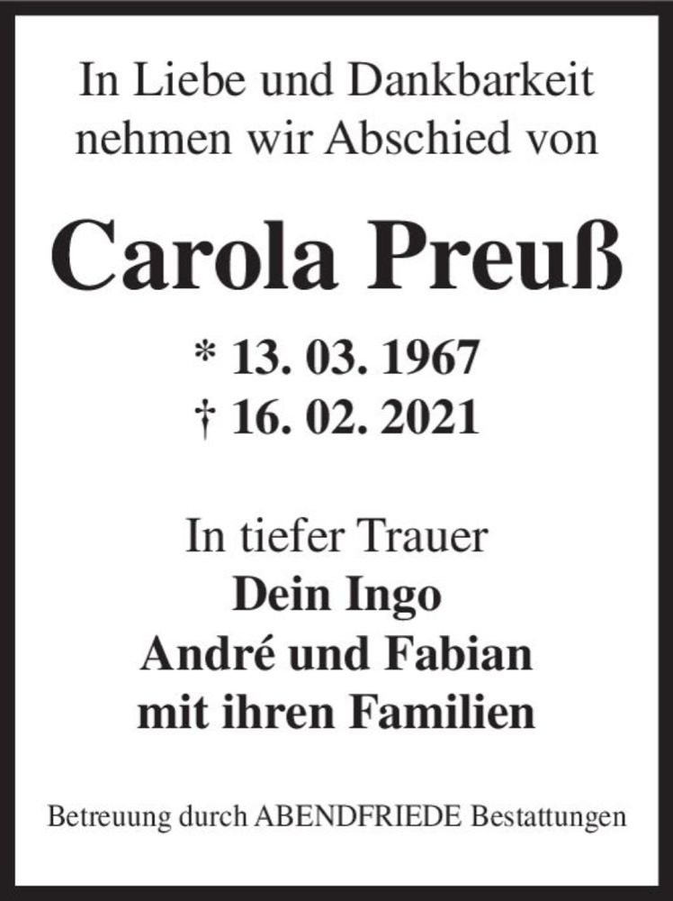  Traueranzeige für Carola Preuß  vom 20.03.2021 aus Magdeburger Volksstimme