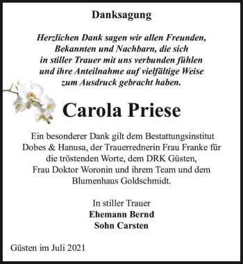 Traueranzeige von Carola Priese  von Magdeburger Volksstimme