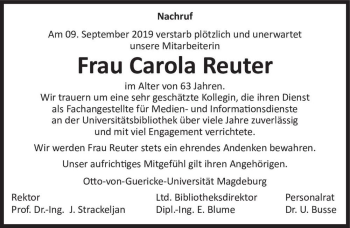 Traueranzeige von Carola Reuter  von Magdeburger Volksstimme