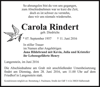 Traueranzeige von Carola Rindert (geb. Diedrichs)  von Magdeburger Volksstimme
