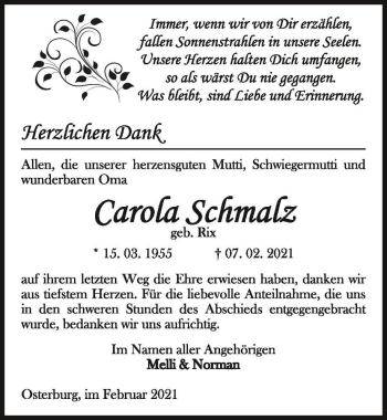 Traueranzeige von Carola Schmalz (geb. Rix)  von Magdeburger Volksstimme