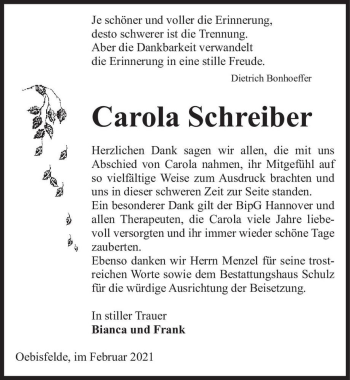 Traueranzeige von Carola Schreiber  von Magdeburger Volksstimme