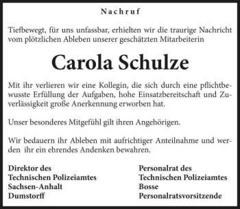 Traueranzeige von Carola Schulze  von Magdeburger Volksstimme