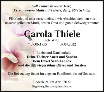 Traueranzeige von Carola Thiele (geb. Witte)  von Magdeburger Volksstimme