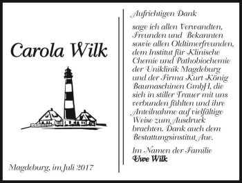 Traueranzeige von Carola Wilk  von Magdeburger Volksstimme
