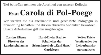 Traueranzeige von Carola di Pol-Poege  von Magdeburger Volksstimme