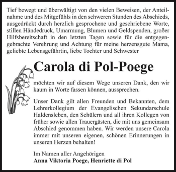 Traueranzeige von Carola di Pol-Poege  von Magdeburger Volksstimme