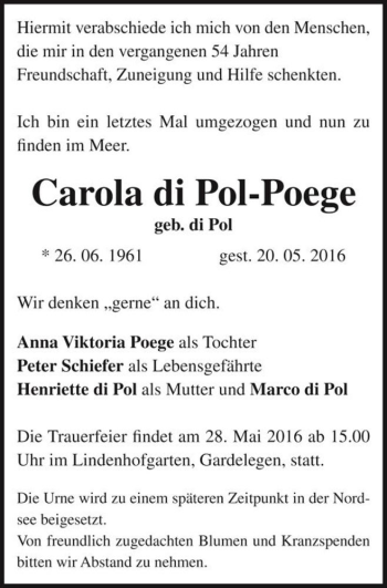Traueranzeige von Carola di Pol-Poege (geb. di Pol)  von Magdeburger Volksstimme