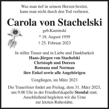 Traueranzeige von Carola von Stachelski (geb. Kaminski)  von Magdeburger Volksstimme