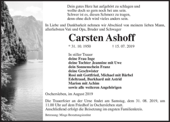 Traueranzeige von Carsten Ashoff  von Magdeburger Volksstimme
