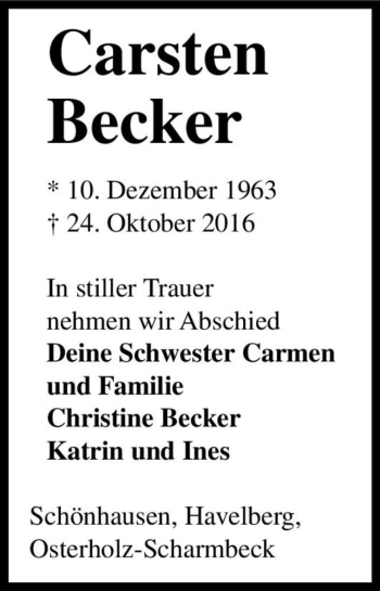 Traueranzeige von Carsten Becker  von Magdeburger Volksstimme