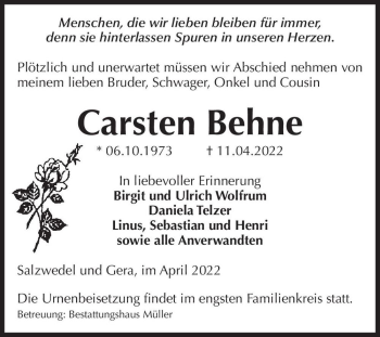 Traueranzeige von Carsten Behne  von Magdeburger Volksstimme