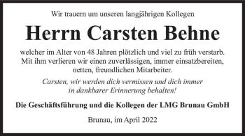 Traueranzeige von Carsten Behne  von Magdeburger Volksstimme