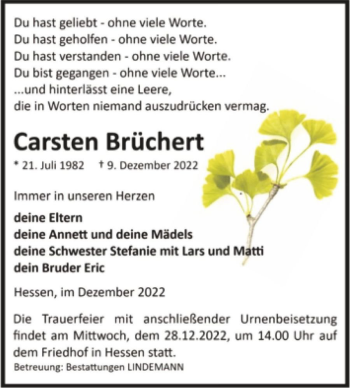 Traueranzeige von Carsten Brüchert  von Magdeburger Volksstimme