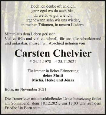 Traueranzeige von Carsten Chelvier  von Magdeburger Volksstimme