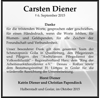 Traueranzeige von Carsten Diener  von Magdeburger Volksstimme