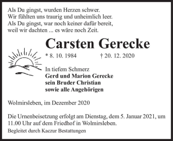 Traueranzeige von Carsten Gerecke  von Magdeburger Volksstimme