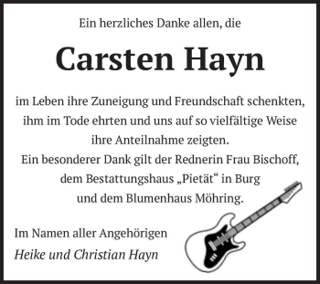 Traueranzeige von Carsten Hayn  von Magdeburger Volksstimme