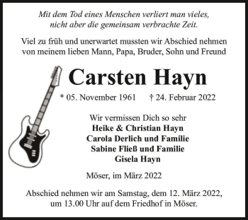 Traueranzeige von Carsten Hayn  von Magdeburger Volksstimme