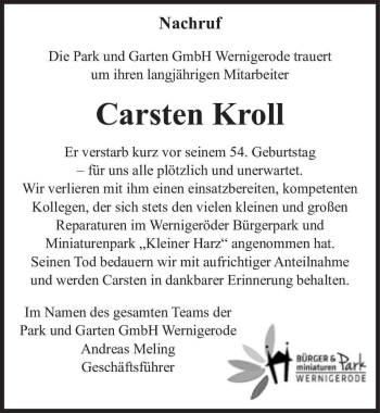 Traueranzeige von Carsten Kroll  von Magdeburger Volksstimme