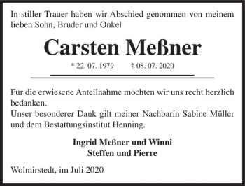 Traueranzeige von Carsten Meßner  von Magdeburger Volksstimme