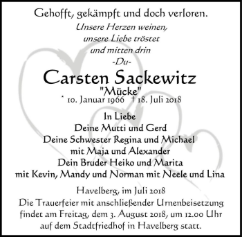 Traueranzeige von Carsten Sackewitz 
