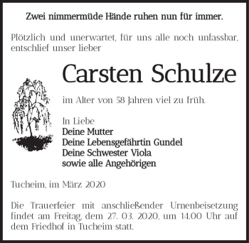 Traueranzeige von Carsten Schulze  von Magdeburger Volksstimme