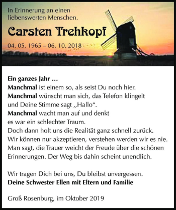 Traueranzeige von Carsten Trehkopf  von Magdeburger Volksstimme