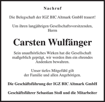 Traueranzeige von Carsten Wulfänger  von Magdeburger Volksstimme