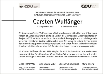 Traueranzeige von Carsten Wulfänger  von Magdeburger Volksstimme
