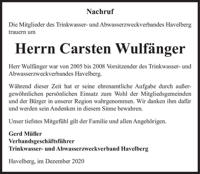  Traueranzeige für Carsten Wulfänger  vom 16.12.2020 aus Magdeburger Volksstimme