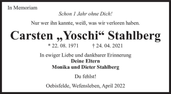Traueranzeige von Carsten „Yoschi“ Stahlberg  von Magdeburger Volksstimme