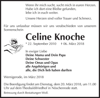 Traueranzeige von Celine Knoche  von Magdeburger Volksstimme