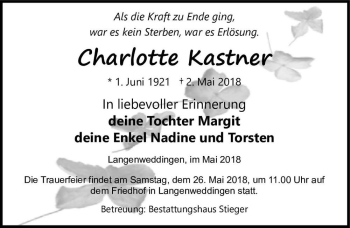 Traueranzeige von Charlotet Kstner  von Magdeburger Volksstimme