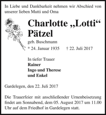 Traueranzeige von Charlotte 