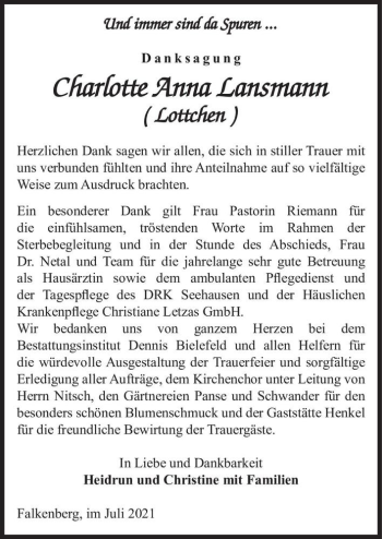 Traueranzeige von Charlotte Anna Lansmann (Lottchen)  von Magdeburger Volksstimme