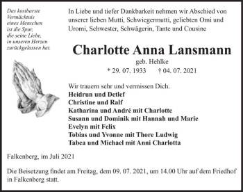 Traueranzeige von Charlotte Anna Lansmann (geb. Hehlke)  von Magdeburger Volksstimme