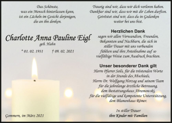 Traueranzeige von Charlotte Anna Pauline Eigl (geb. Hahn)  von Magdeburger Volksstimme