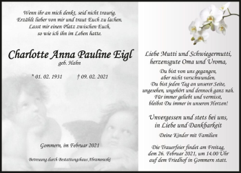 Traueranzeige von Charlotte Anna Pauline Eigl (geb. Hahn)  von Magdeburger Volksstimme