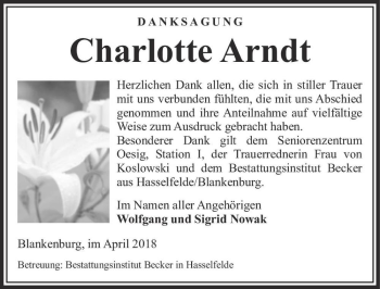 Traueranzeige von Charlotte Arndt  von Magdeburger Volksstimme